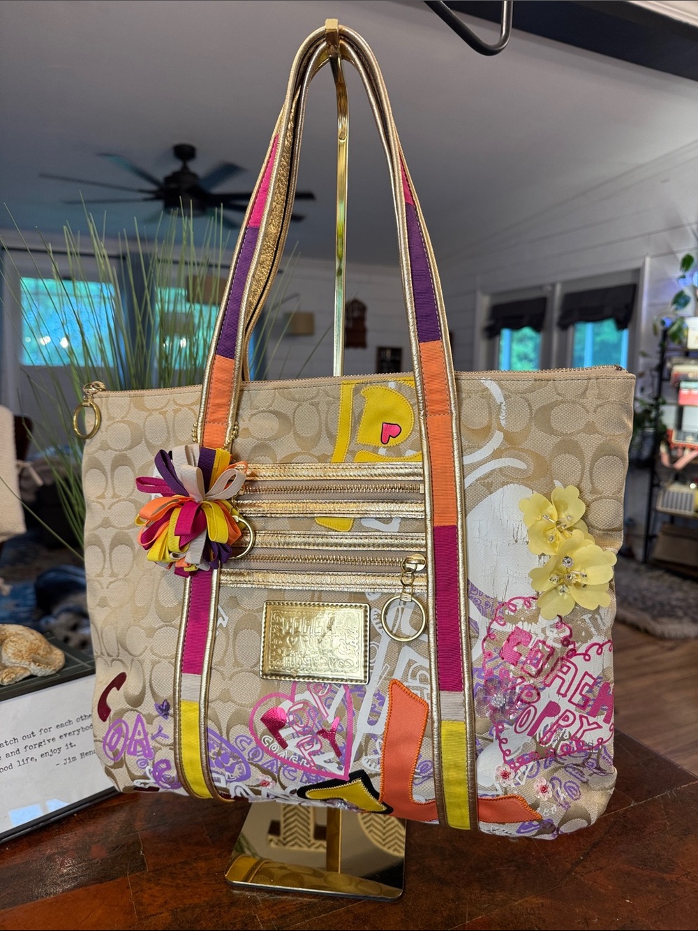 Coach Poppy Multicolor Signature Canvas Tote Bag with Floral Accents